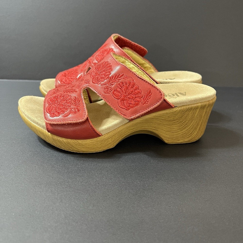 Alegria Linn Sandals Womens 36 Slide Slip On Block Heels Leather Red Floral Boho
